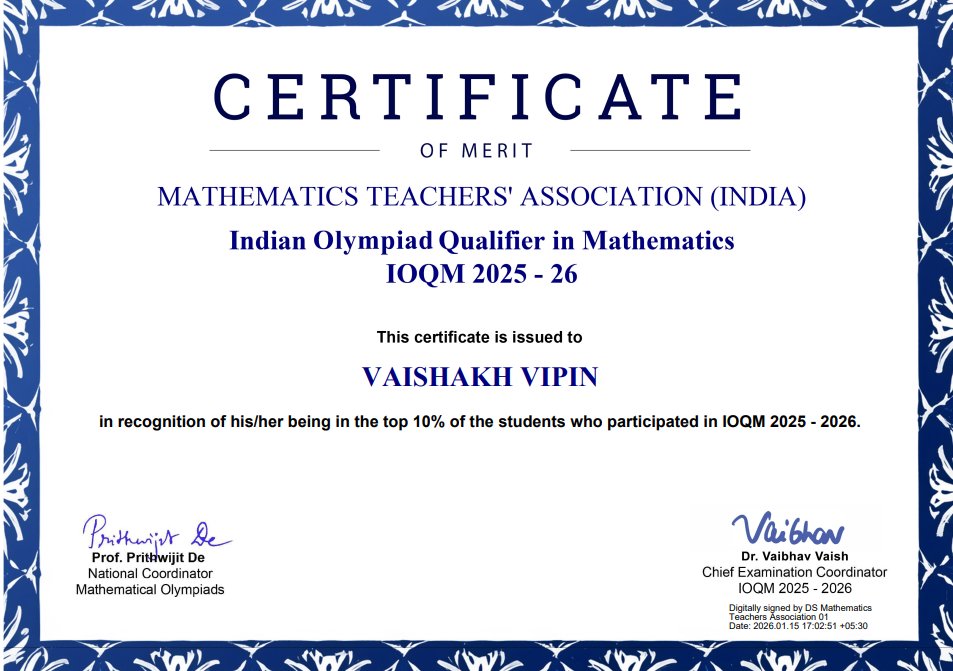 IOQM National Merit Certificate
